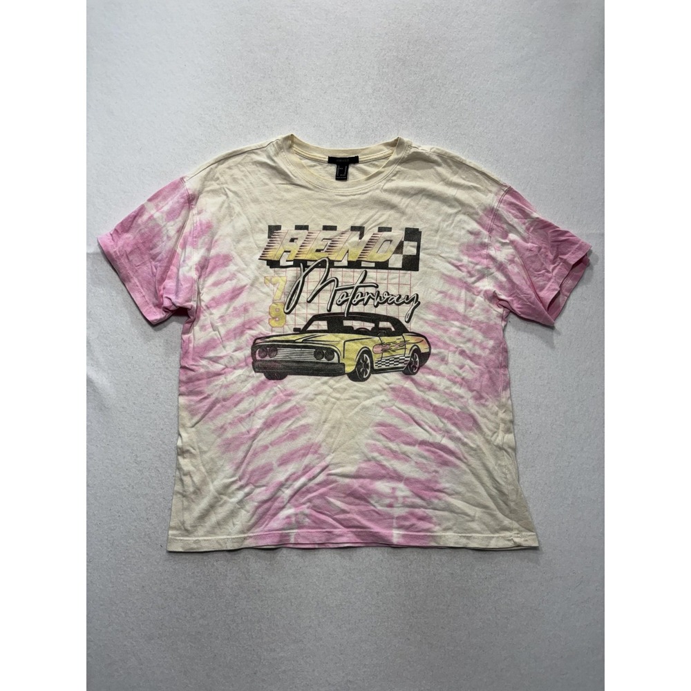Forever 21 Womens M Pink Tie Dye Reno Motorway Racing Car Graphic T Shirt Retro